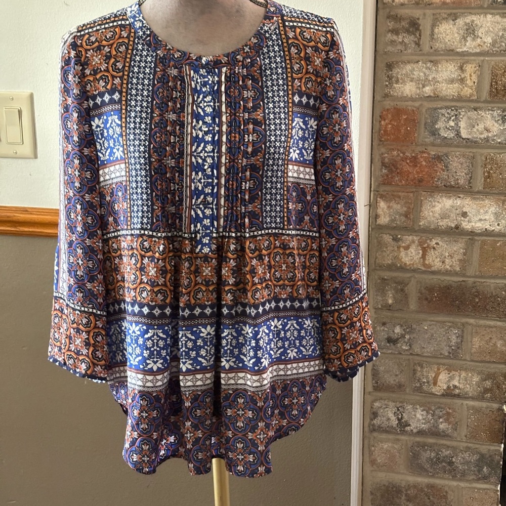 Daniel Rainn Blue & Brown Boho Patchwork Tunic - image 1